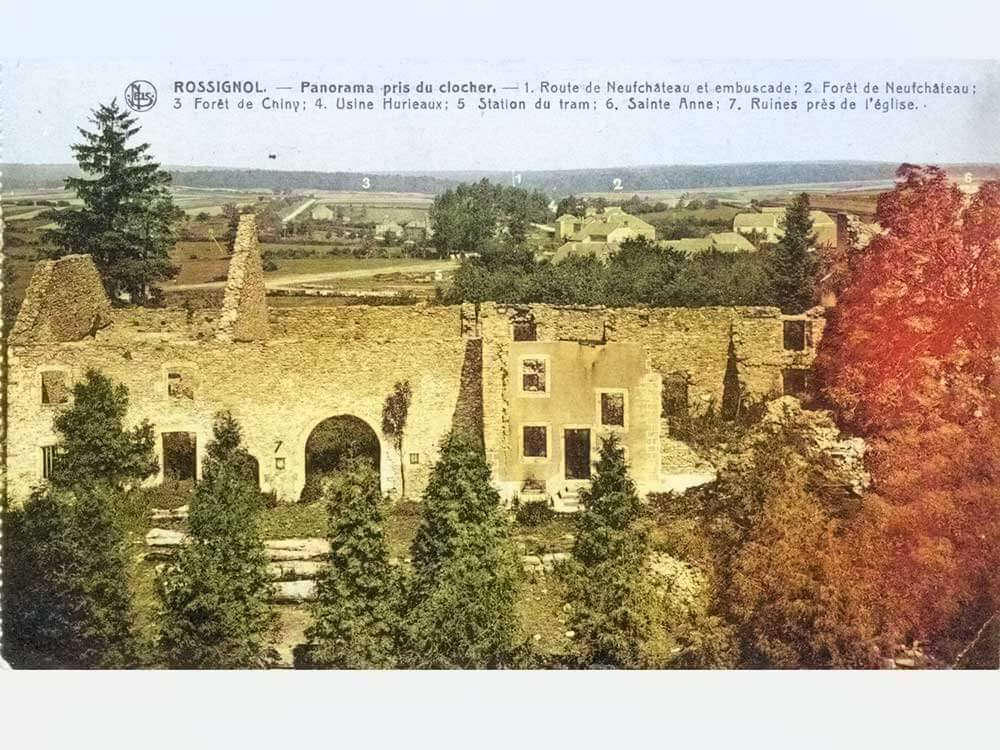 De gemeente Rossignol in puin na de Slag der Grenzen  in augustus 1914.