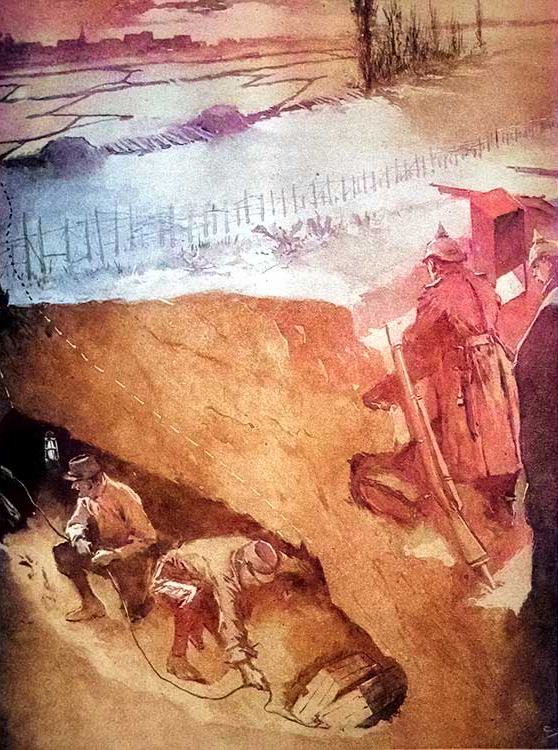 Vue d'artiste de l'établissement d'une mine sous une tranchée ennemie. Illustration du journal Le Miroir en 1915.