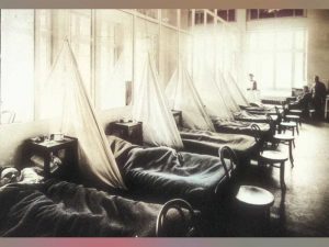 Patienten der Spanischen Grippe im Sanitätslager der US-Armee in Aix-les-Bains, Frankreich - 1918.