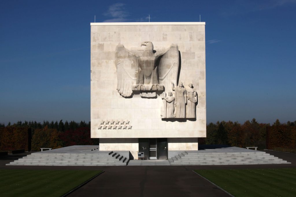 The stone memorial decorated with an imposing American eagle.